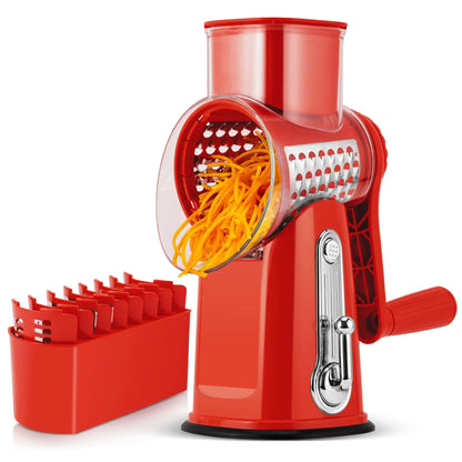 SUSTEAS Manual Cheese Shredder & Rotary Grater with Handle, 5 Well-Designed Stainless Steel Blades, Strong Suction Cup Base, Kitchen Accessories Vegetable Cutting Slicer Tools and Gadgets, Smooth
