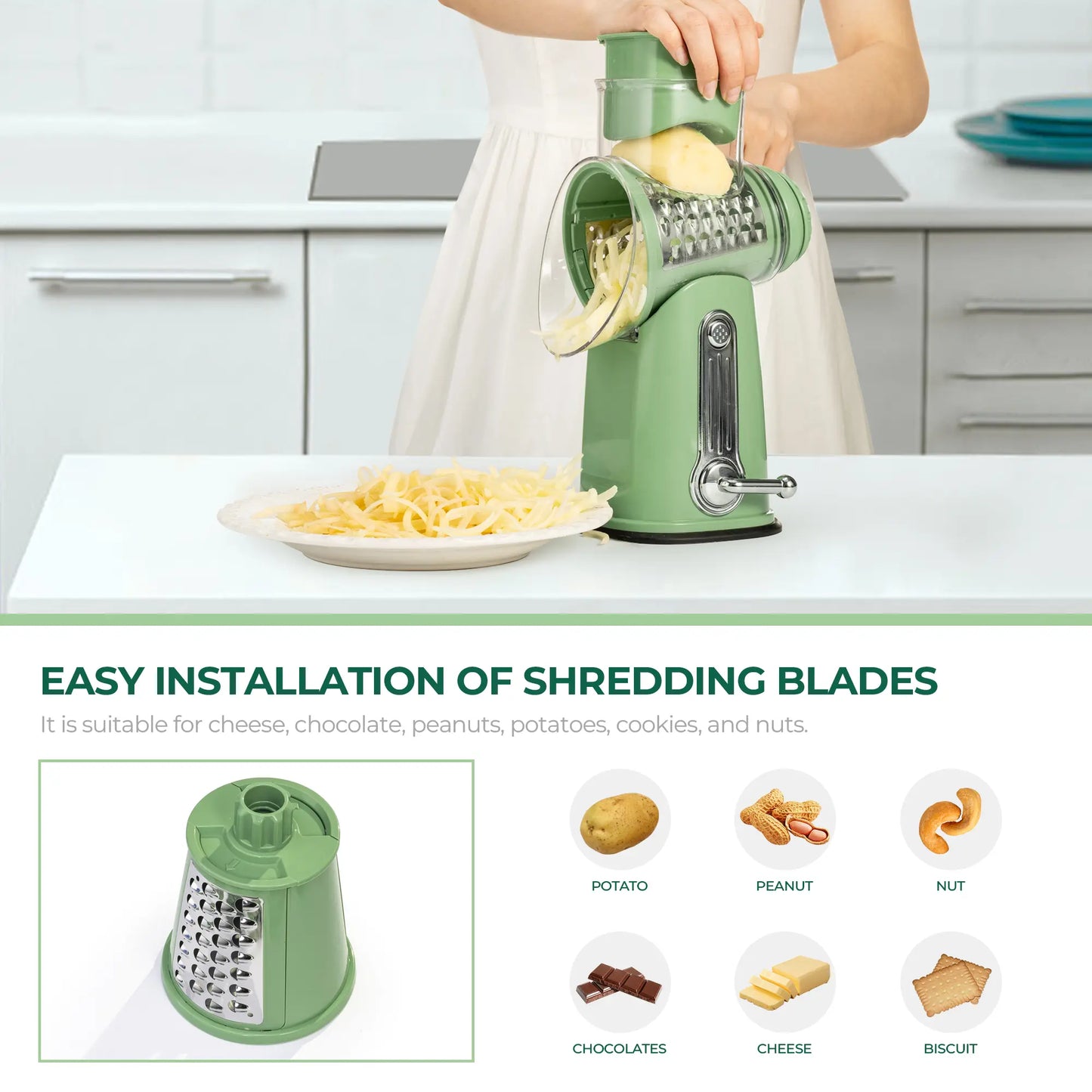 SUSTEAS Manual Cheese Shredder & Rotary Grater with Handle, 5 Well-Designed Stainless Steel Blades, Strong Suction Cup Base, Kitchen Accessories Vegetable Cutting Slicer Tools and Gadgets, Smooth
