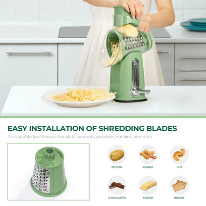 SUSTEAS Manual Cheese Shredder & Rotary Grater with Handle, 5 Well-Designed Stainless Steel Blades, Strong Suction Cup Base, Kitchen Accessories Vegetable Cutting Slicer Tools and Gadgets, Smooth