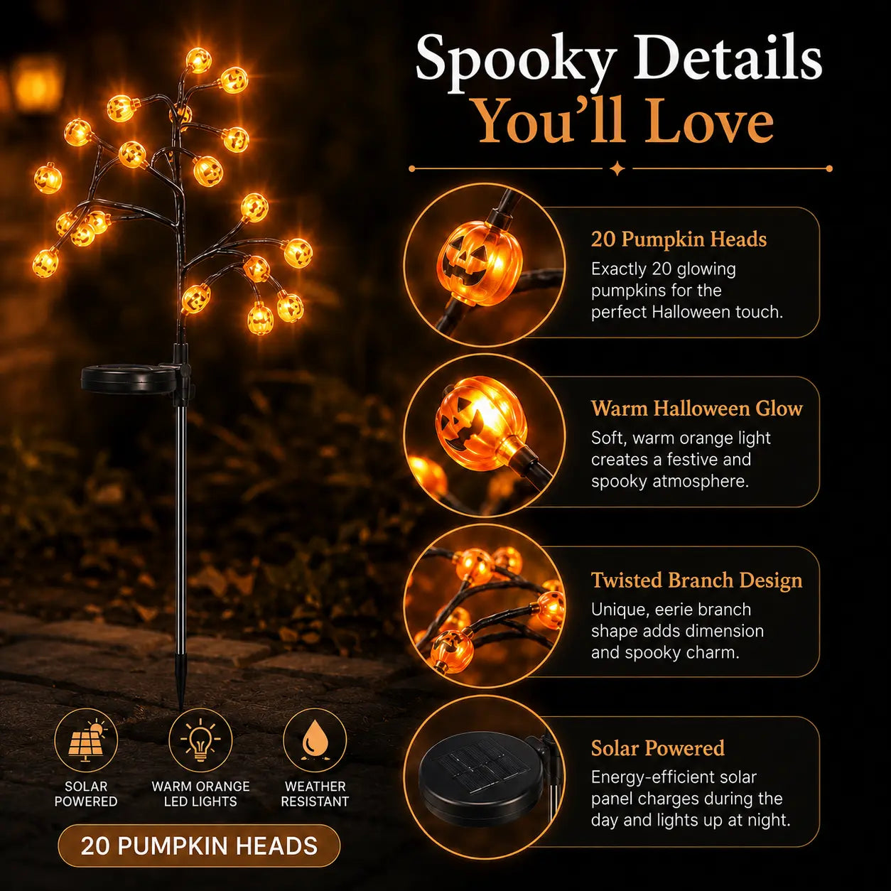 Solar Pumpkin Stake Lights Durable PS Pumpkin Heads,20-Head Halloween Garden Lights with 8 Lighting Modes & Auto On/Off, Outdoor Pathway Yard Lawn Decor, 2/4 Pack tiktokshopbacktoschool