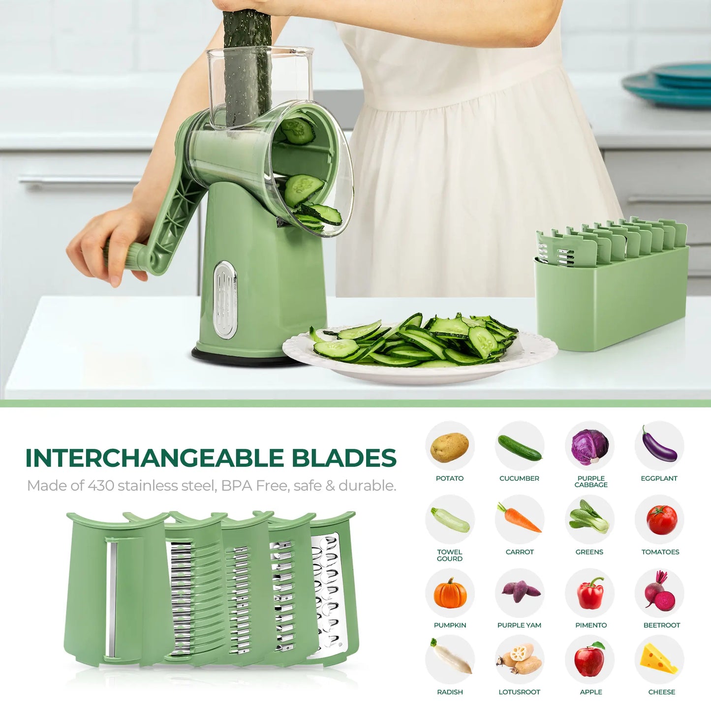 SUSTEAS Manual Cheese Shredder & Rotary Grater with Handle, 5 Well-Designed Stainless Steel Blades, Strong Suction Cup Base, Kitchen Accessories Vegetable Cutting Slicer Tools and Gadgets, Smooth