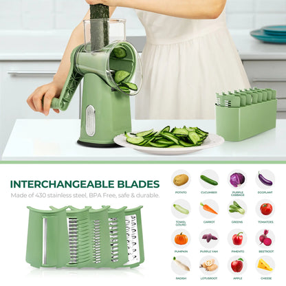 SUSTEAS Manual Cheese Shredder & Rotary Grater with Handle, 5 Well-Designed Stainless Steel Blades, Strong Suction Cup Base, Kitchen Accessories Vegetable Cutting Slicer Tools and Gadgets, Smooth