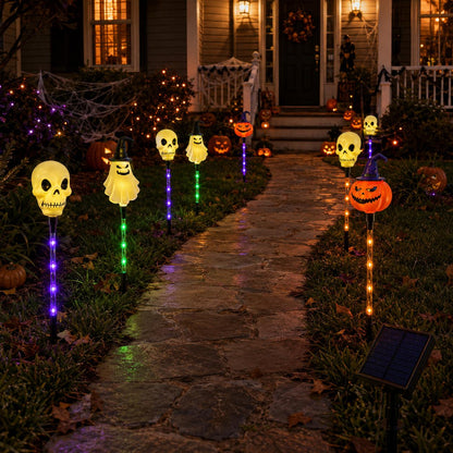 【🎃Halloween Sale🎃】6-Pack Solar Halloween Pathway Lights – Ghost, Pumpkin & Skeleton Yard Stakes